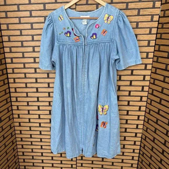 Bechamel Denim Zip Up Butterfly Embroidered Dress Size Medium Petite - Picture 1 of 9
